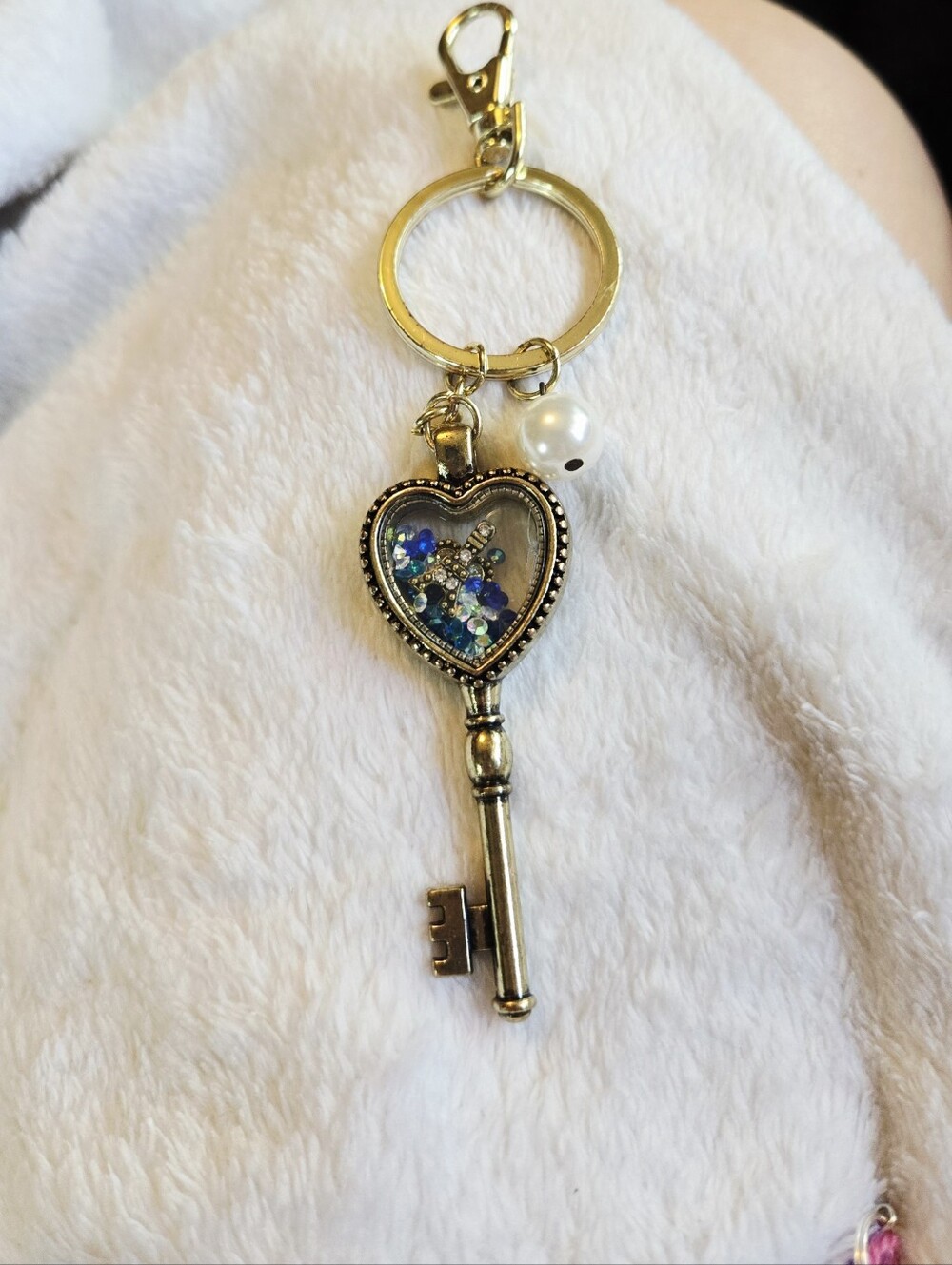 Gold Shaker Heart Key Charm Keychain with Blue Accent